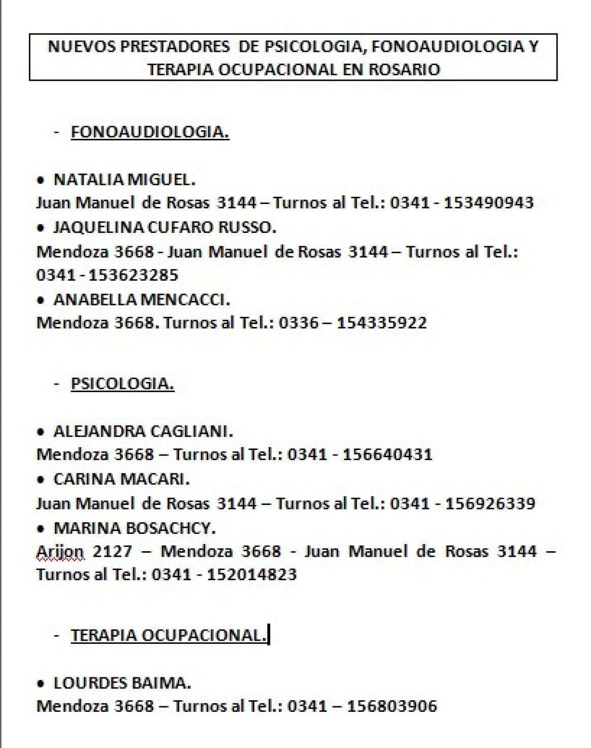 NUEVOS PRESTADORES EN PSICOLOGIA, FONOAUDIOLOGIA Y TERAPIA OCUPACIONAL